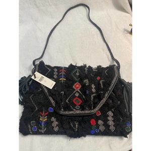 Anthropologie Ibban Black Cotton Cross Body Boho Beaded Fringe Bag NWT
